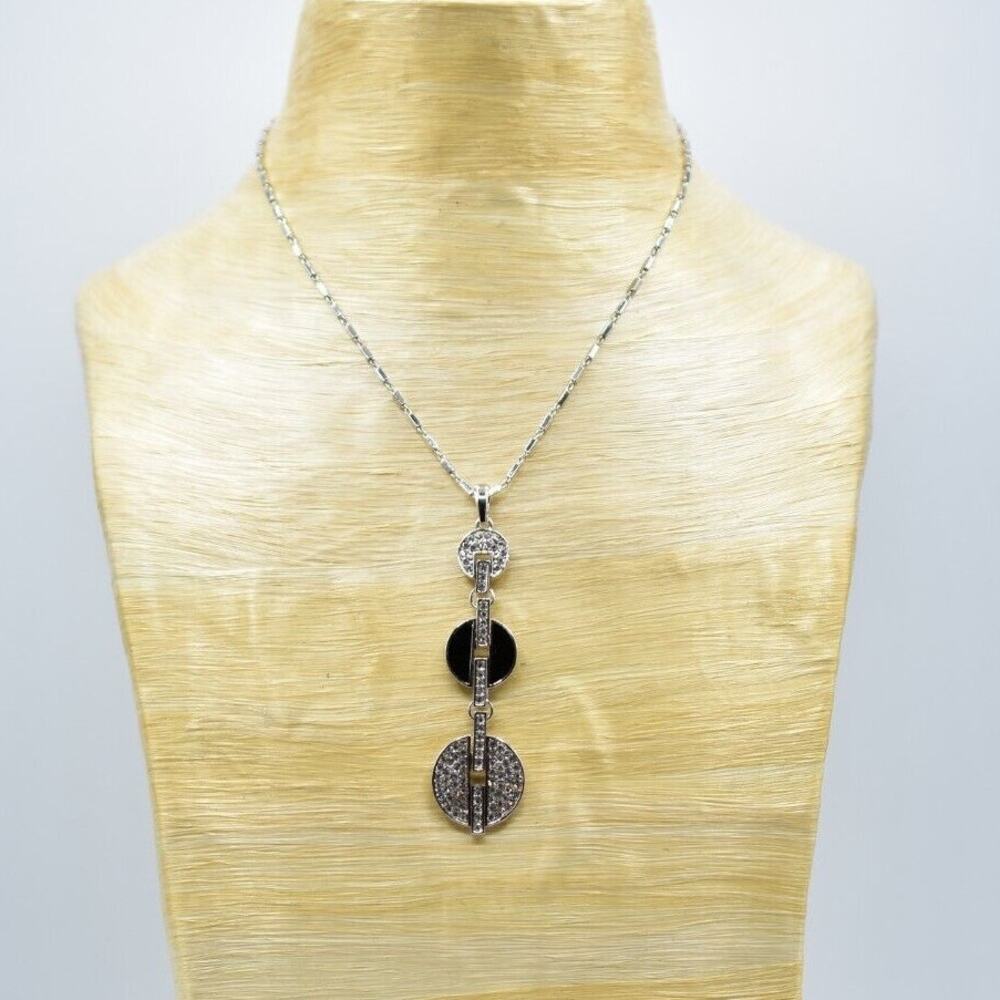 Vintage Y2K Pendant Crystal Necklace Rhinestone Black Enamel Silver Shiny Bin5
